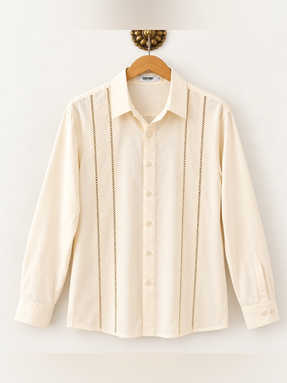 coofandy men’s cream guayabera style long sleeve shirt size large